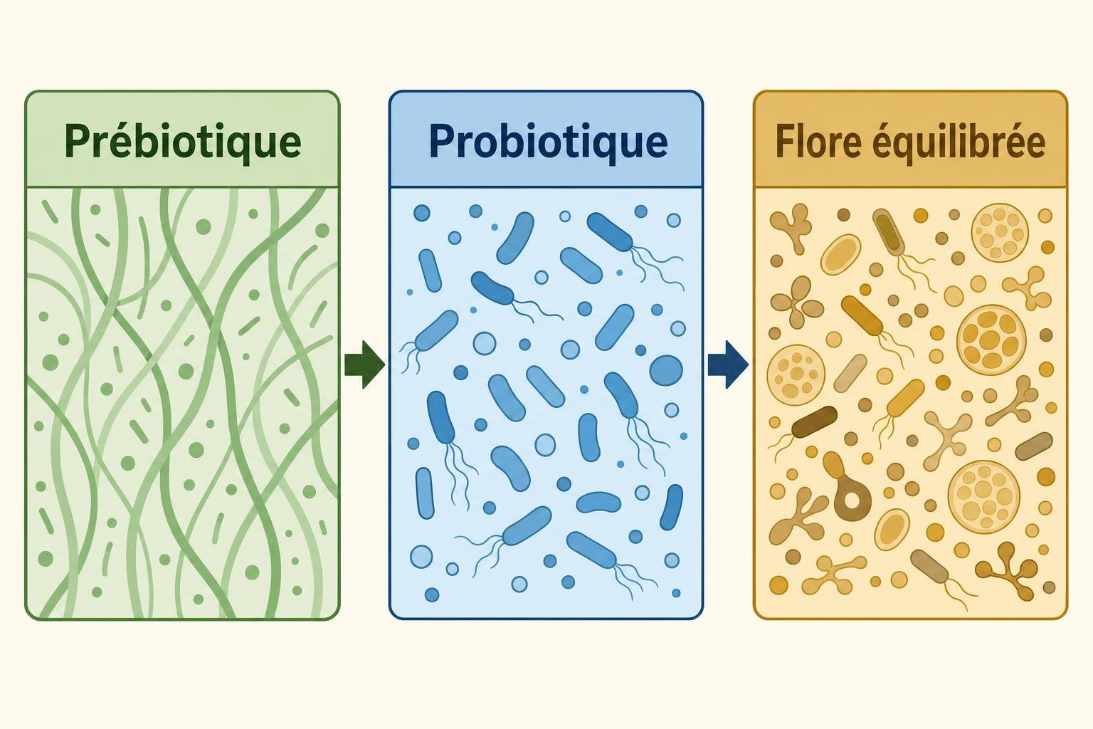 Schéma illustrant l'évolution de la flore intestinale sous l'effet des prébiotiques et probiotiques