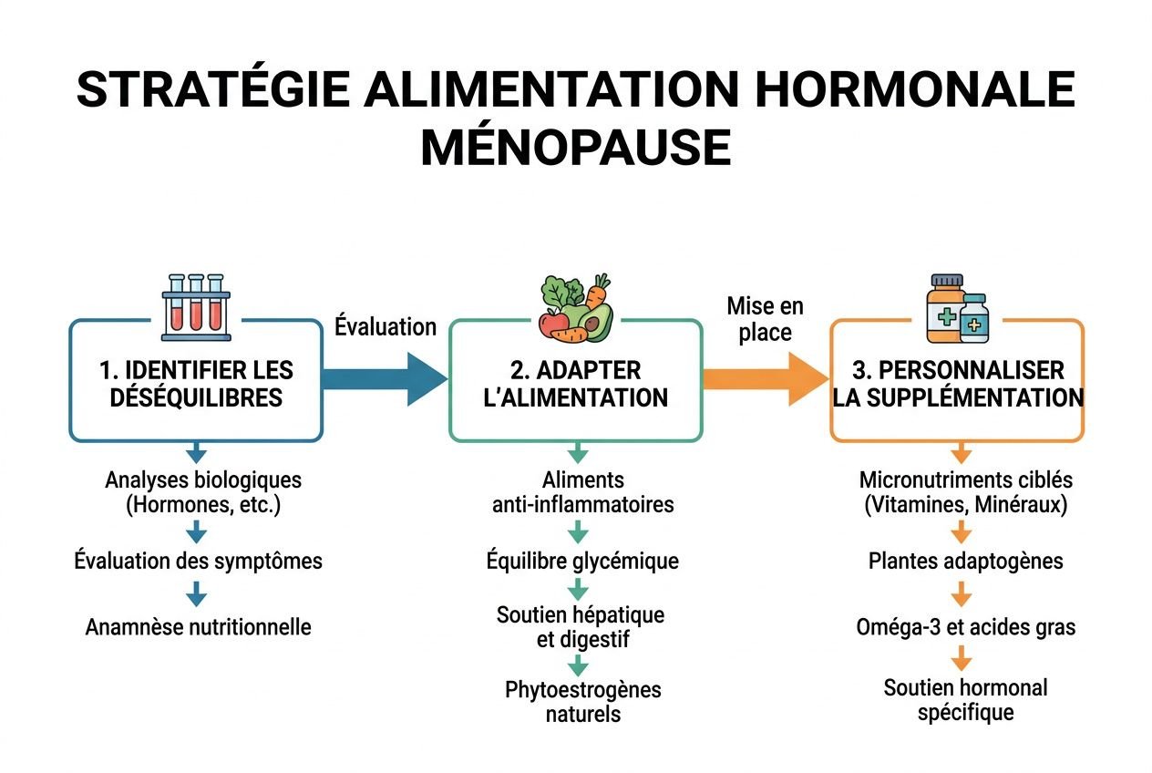 Stratégie alimentation hormonale ménopause : diagramme en trois étapes montrant l'identification des déséquilibres, l'adaptation de l'alimentation et la personnalisation de la supplémentation.