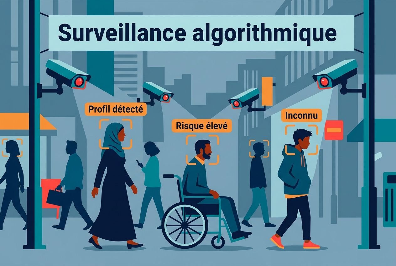 Illustration de surveillance algorithmique : des passants dans une rue, dont une personne en fauteuil roulant, avec des profils et niveaux de risque affichés par un système de détection, symbolisant les biais de l'IA.