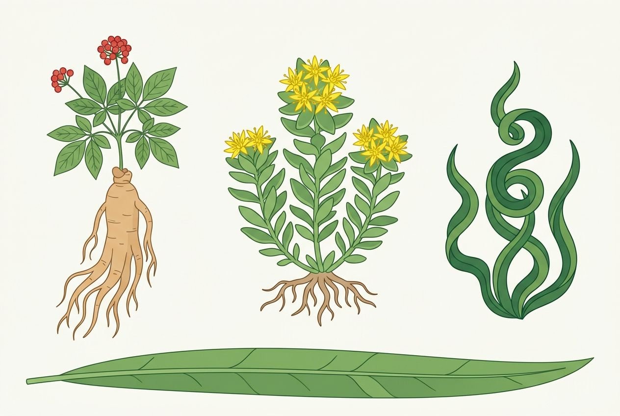 Trois plantes médicinales illustrées avec leurs racines et une longue feuille au premier plan, évoquant les remèdes naturels à base de plantes